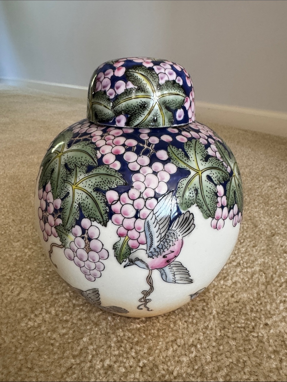 Vintage Ceramic Ginger Jar with Pink & Green Floral Bird Motif